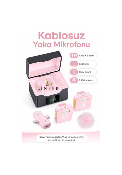 Kablosuz Tüylü Pembe Yaka Mikrofonu 1 Alıcı 2 Verici Şarj Kutulu Dijital Ekranlı 2.4g Gürültü Azaltmalı Type-c Lightning Uyumlu Mikrofon Seti