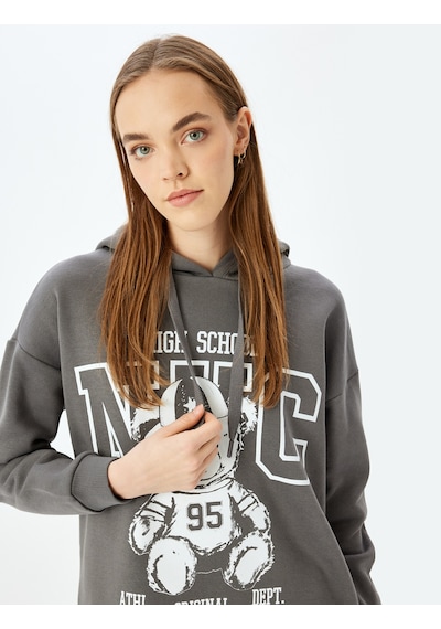 Koton Kolej Baskılı Kapüşonlu Uzun Kollu Sweatshirt Antrasit 5wal10842ık Antrasit