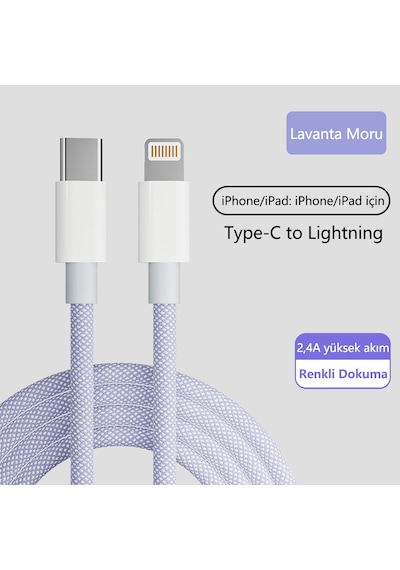 20w Type c Lightning Hızlı Şarj Kablosu Kalın Dokuma Apple iPhone 13 12 11 x Uyumlu Akıllı Çipli 1m Mor