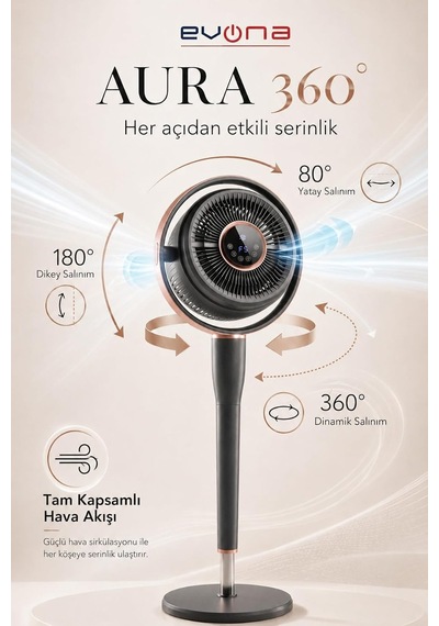 Aura 360, 6 Kademeli Hız Ayarlı Akıllı Vantilatör, 360 Derece Salınım / 80 Yatay Salınım, 180 Dikey Salın