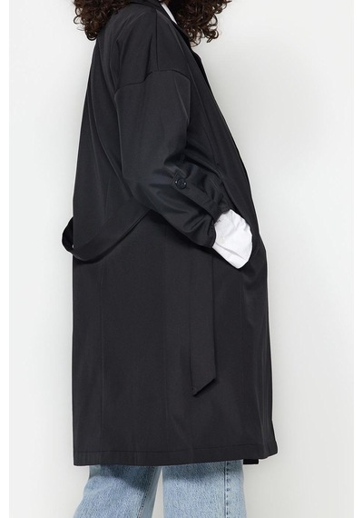 Ersefa Tasarım Düz Astarlı Yaka Midi Oversize Ceket Kadın Oversize Kuşak Siyah