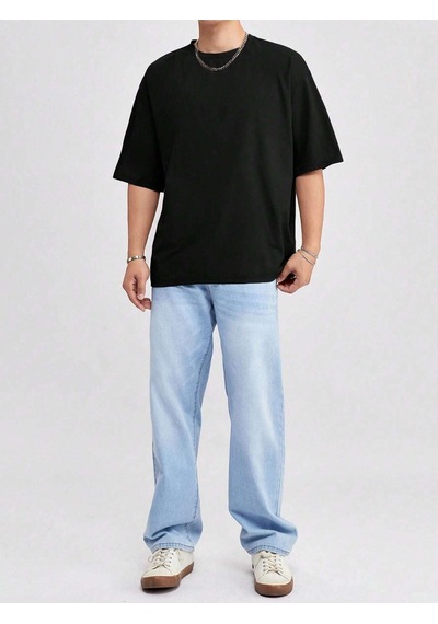 Basic Süprem T-shirt - Siyah Oversize Bisiklet Yaka Tişört Siyah-78282