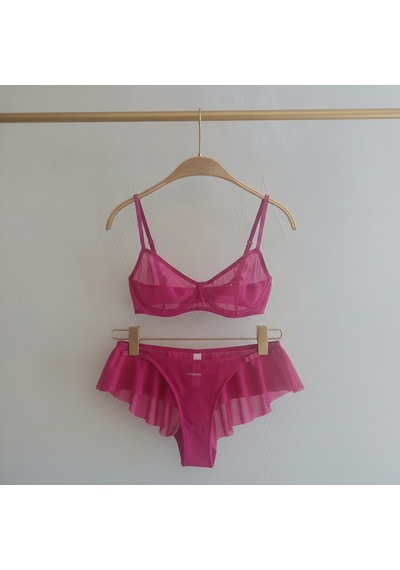Bonbon Kadın Tül Transparan Balenli Sütyen, Checky Ve String Külotlu 3 Lü Paket Bb2619 Fuşya