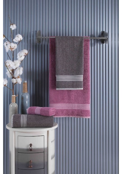 4 Lü Kadın Erkek Banyo Havlusu Takımı Oscar Mürdüm Antasit Renkli