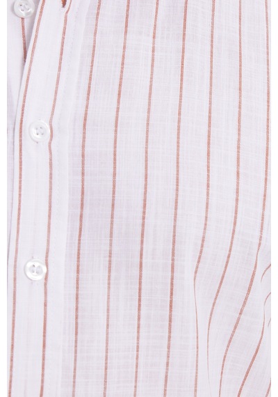 Tudors Erkek Slim Fit Dar Kesim Uzun Kollu %100 Pamuk Keten Doku Çizgili Gömlek-42653 Beyaz