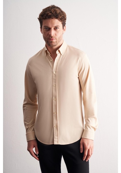 İmza Bej Düğmeli Yaka Örme Uzun Kol Performans Ürün Slim Fit Esnek Gömlek 1004255270 Bej