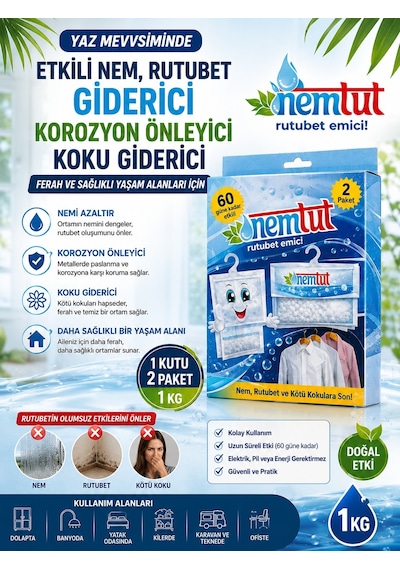 Nem Tutucu Alıcı Rutubet Giderici Önleyici Korozyon Önleyici Koku Giderici 1 Kg (1 Kutu - 2 Paket)