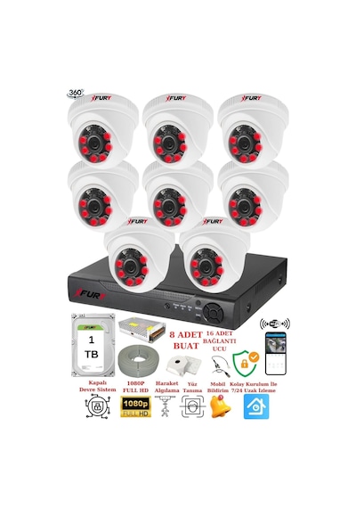 Fury 8 Kameralı 5mp 3.6mm Lens 2mp Görüntü 6 Atom Led Gece Görüşlü Fullhd Güvenlik Kamerası 1412a 1tb