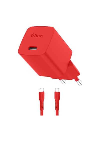 Ttec Smartcharger Gan 45W Avs PD Seyahat Hızlı Şarj Aleti + USB-C - USB-C 3A 120 CM Kablo Neon Kırmızı