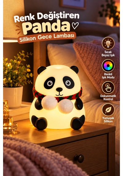 Sevimli Panda Silikon Gece Lambası Renkli Işık Modu Dokunmatik Kontrollü Aydınlatma - Lisinya Sarı