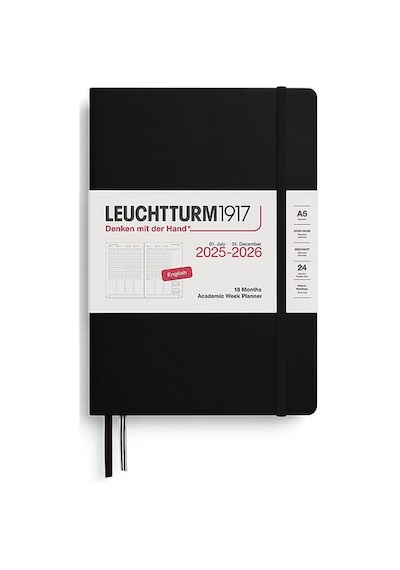 Leuchtturm1917 Orta Boy A5 Akademik 18 Aylık Hafta Ajandası 2026 Sert Kapak, İngilizce, Siyah 372815