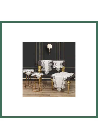 En-cag Salon Takımı Kayla Model Krem-gümüş Keten Masa Örtüsü Runner Seti No 22252 5 Parça Bss