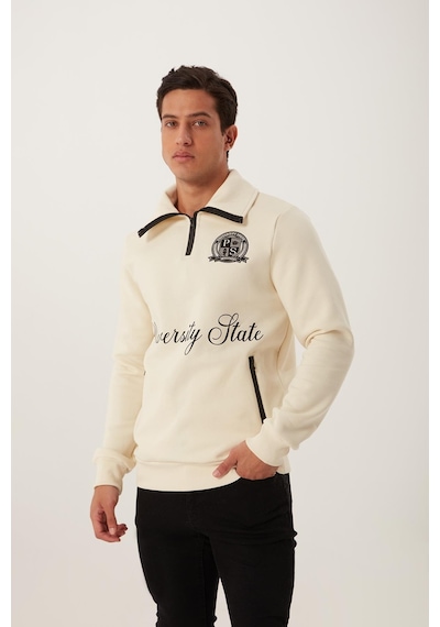 Polostate Erkek Dik Yaka 3 İplik Sweatshirt Ekru