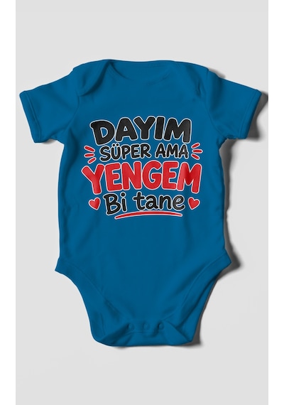 Morivokids Dayım Süper Ama Yengem Bi Tane Kısa Kollu Bebek Body %100 Pamuk Koyu Mavi