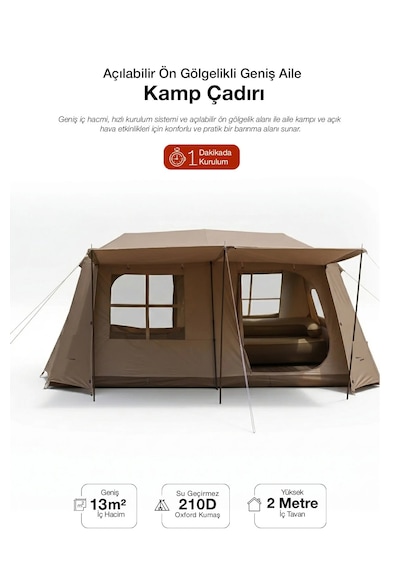 8 Kişilik 4 Mevsim Su Geçirmez Gölgeli Kamp Çadırı 210d Oxford Kumaş 13m2 395x275x220 Cm Bej
