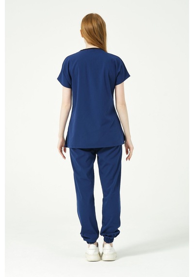 Saks Mavi Likralı Scrubs Jogger Paça Doktor Hemşire Forması Yarasa Kol Takım Unisex
