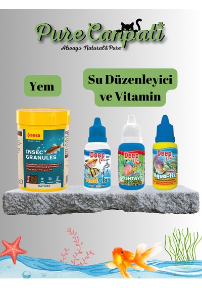 Purecanpati Insect Protein Balık Yemi Seti Akvaryum Vitamin Damlası + Anticlor + Aquafix Su Düzenleyici