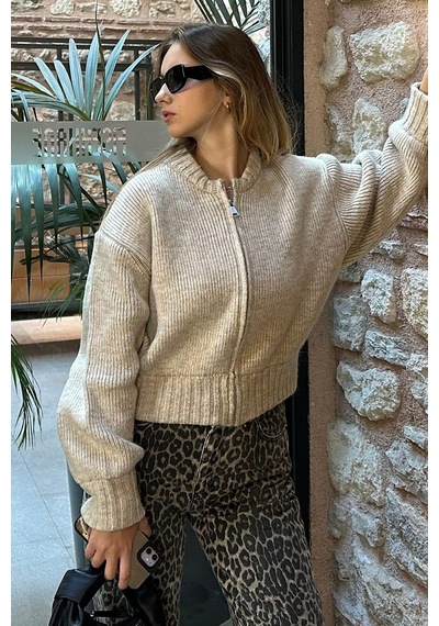 Madmext Bej Fermuarlı Uzun Kollu Triko Hırka Mg2061 Bej