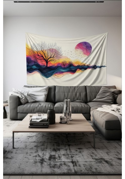 Renkli Gün Batımı Desenli Duvar Halısı Duvar Örtüsü Tapestry Süet Dokulu Kumaş