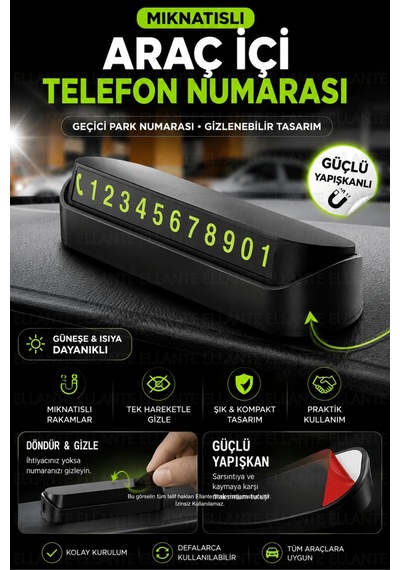 Mıknatıslı Araç İçi Park Telefon Numarası Gizlenebilir Oto Telefon Numaralığı Güçlü Yapışkanlı Siyah