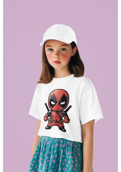 Sevbano Deadpool Baskılı Unisex Film Çocuk Tişört 1-12 Yaş Beyaz