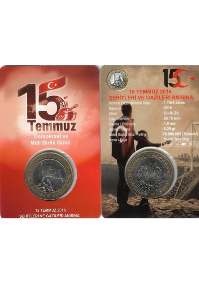 2016 Yılı 15 Temmuz Demokrasi Ve Milli Birlik Günü 1 Türk Lirası Özel Kitiyle