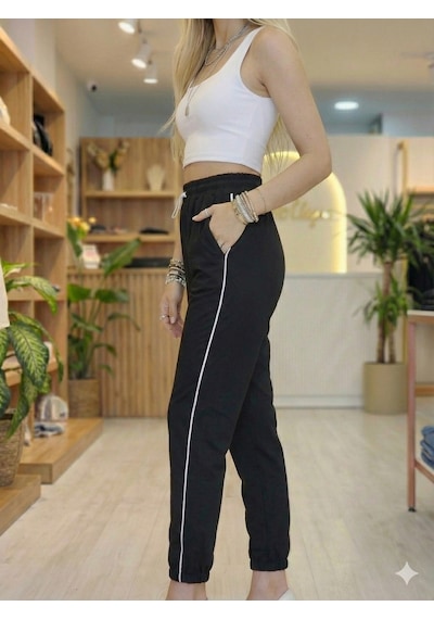 Ribana Classic Kadın Vizon Renk Bel Ve Bilek Lastik Detaylı Yan Tek Şerit Çizgili Çift Cepli İpli Pantolon 3564 siyah