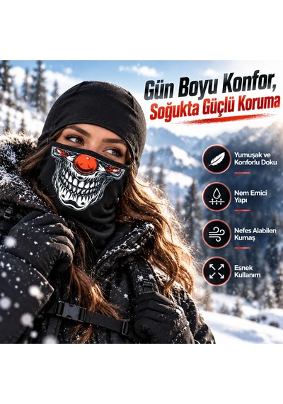 Teorastore Unisex Şık Palyaço Desenli Balaklava Kışlık Tam Yüz Maske Termal Nefes Alan Esnek Kask Altı Boyunluk Siyah
