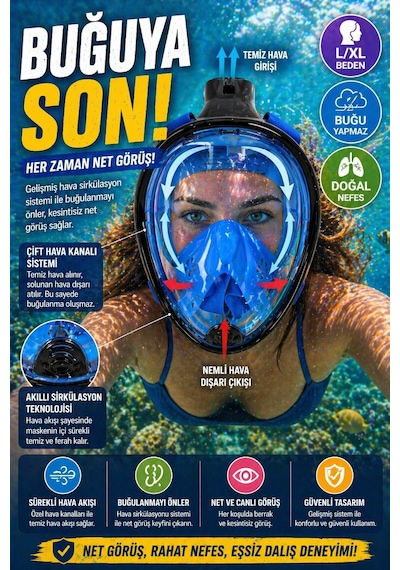 Mavi Siyah Full Face Şnorkel Maske L Xl Tam Yüz Dalış Maskesi Sarı Geniş Görüş Anti Fog Deniz Maske