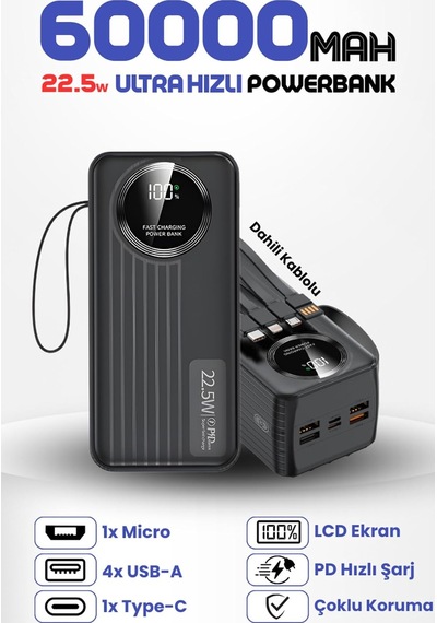 Tr Forefo 60.000 Mah 22.5w Pd Hızlı Şarjlı Powerbank Dahili Kablolu, Taşıma Askılı Ve Lcd Ekranlı, 4x Usb-a