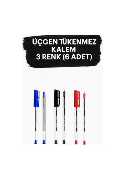 1.0 Mm Üçgen Gövdeli Tükenmez Kalem Seti Mavi, Siyah, Kırmızı 6'lı Paket Çok Renkli
