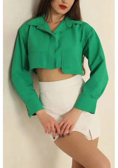 Defymoda Poplin Crop Gömlek Yeşil S3060 Yeşil