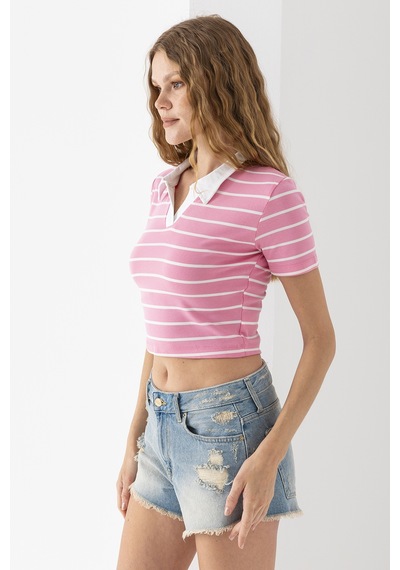 Giysa Kadın Polo Yaka Çizgili Pamuklu T-shirt Pembe Beyaz - 25795 Pembe - Beyaz Giysa Kadın Polo Yaka Çizgili Pamuklu T-shirt Pembe Beyaz - 25795 Pembe - Beyaz
