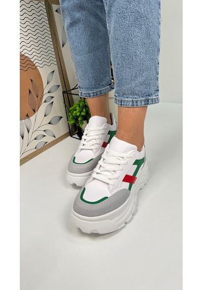 Günlük Kadın Sneaker Kalın Yüksek Taban Bağcıklı Rahat Tiger Şeritli Spor Ayakkabı 032 08-taş Yeşil Kırmızı