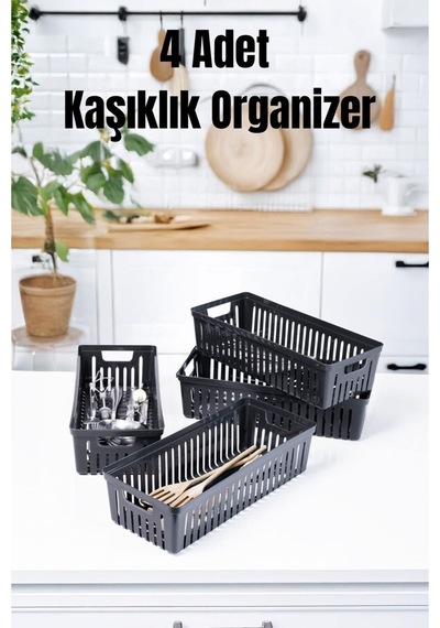 4 Lü Gri Mutfak Çekmece İçi Düzenleyici Kaşık Çatal Bıçak Organizeri, Plastik Düzenleme Kutusu Pla Diğer