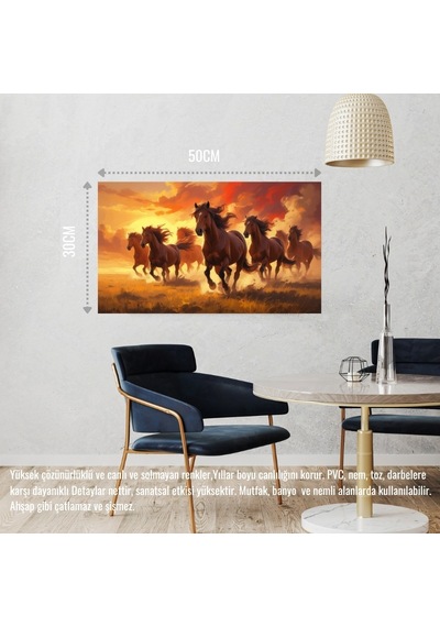 Yabani Atlar Gün Batımında Çayırda Koşuyor 02 Çerçevesiz 50x30 Cm Pvc Tablo