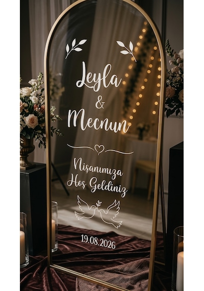 Düğün Nişan Söz / Ayna Yazısı / Karşılama Aynası / Sticker / 40 Cm / Kuş Ve Kalp Detaylı