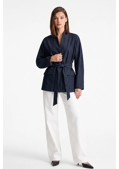 CEMO Denim Görünümlü Kuşaklı Ve Cepli Kimono Ceket Lacivert