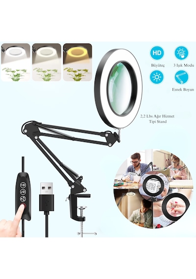 10x Büyüteçli Led Masa Lambası 3 Işık Modlu Masa Üstü Katlanabilir Kollu Bakım Onarım Güzellik Okuma
