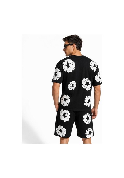 Erkek 2'li Set Baskılı Şort Tişört Takım Oversize Double Face Siyah
