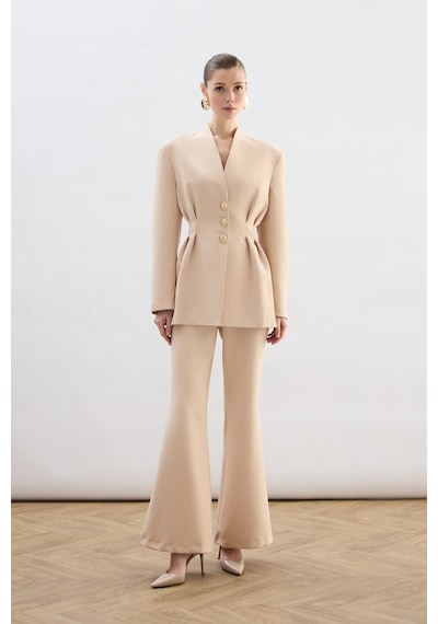 Sateen Gold Düğmeli Uzun Ceket - Bej-136771 Bej