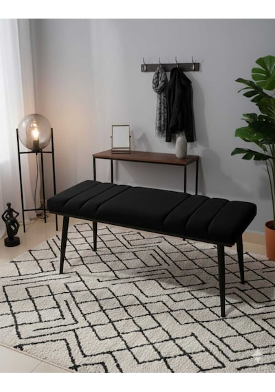 Özcan Metal Siyah Metal Ayaklı Metal Kasalı Bench Mutfak Salon Antre Yatak Odası Balkon Puf Bank Siyah