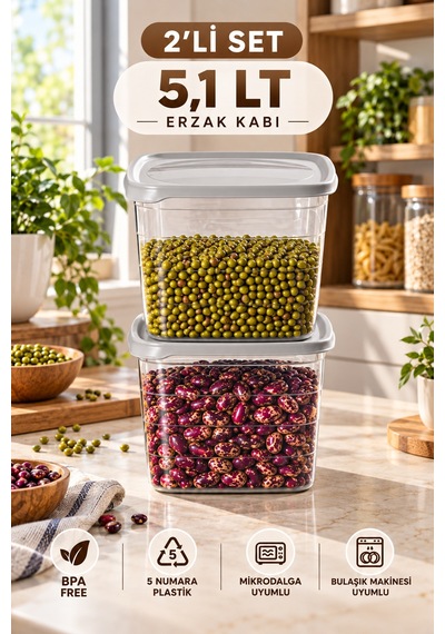 Porsima 0975 2'li Kare Erzak Saklama Kabı Seti 5,1 Lt Cool Gri - Şeffaf Bakliyat, Deterjan & Mutfak Düzenleyici Kutu