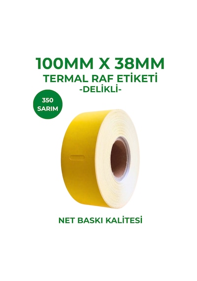Rulorulo 100x38 Termal Karton Raf Etiketi Ortadan Delikli Sarı Renk 350 Sarım 10 Adet