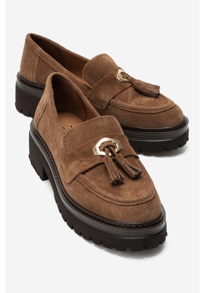 Luvi Shoes Marsy Toprak Süet Hakiki Deri Püsküllü Kadın Loafer Ayakkabı