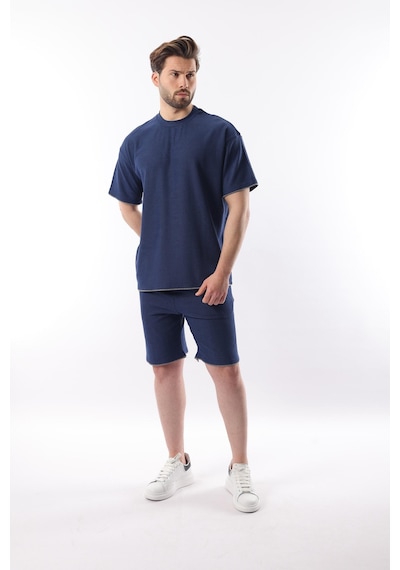 Madmext Lacivert Nakış Detaylı Erkek Şort T-shirt Takım E7305 Lacivert