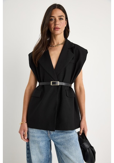 Shade Kadın Cep Detaylı Kemerli Vatkalı Oversize Astarlı Blazer Yelek 11143 60281003 - Siyah Shade Kadın Cep Detaylı Kemerli Vatkalı Oversize Astarlı Blazer Yelek 11143 60281003 - Siyah