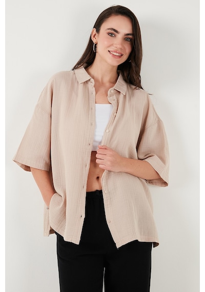 Lela Pamuklu Regular Fit Yırtmaçlı Kısa Kollu Bayan Gömlek Cf25S166965 Taş