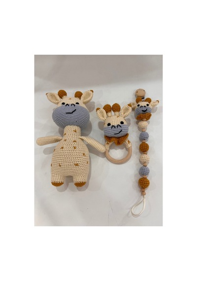 El Örgüsü Zürafa Set Amigurumi + Çıngıraklı Diş Kaşıyıcı + Emzik Zinciri Mavi