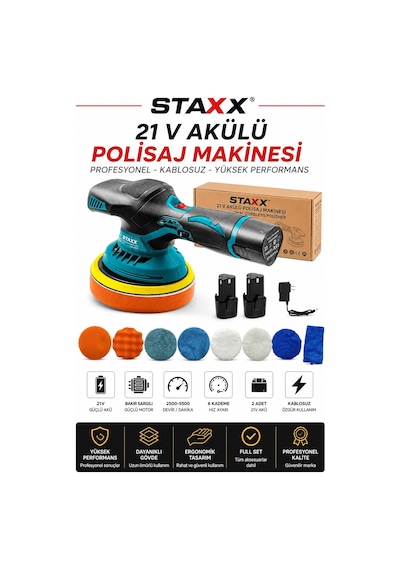 Staxx St21cfp X2 Akülü Pasta Cila Polisaj Makinesi 2 Akülü 6 Kademeli Hız Ayarı Full Aksesuar Set